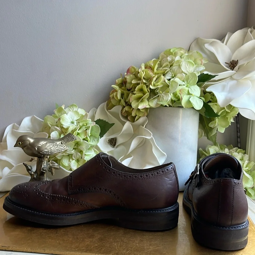 Brunello Cucinelli Brogue Wingtip Double Monk Strap Loafers in Brown Leather